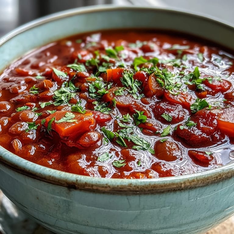 Serving of Tomato Lentil Soup next to crusty bread and a dollop of non-dairy yogurt.