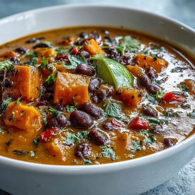 Close-up of vibrant Sweet Potato and Black Bean Soup with creamy texture and diced vegetables in the pot.