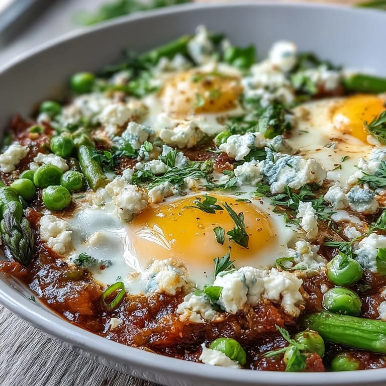 Freshly cooked Pea and Broad Bean Shakshuka with asparagus, peas, and beans in a bubbling tomato base, ready to share as a main course.