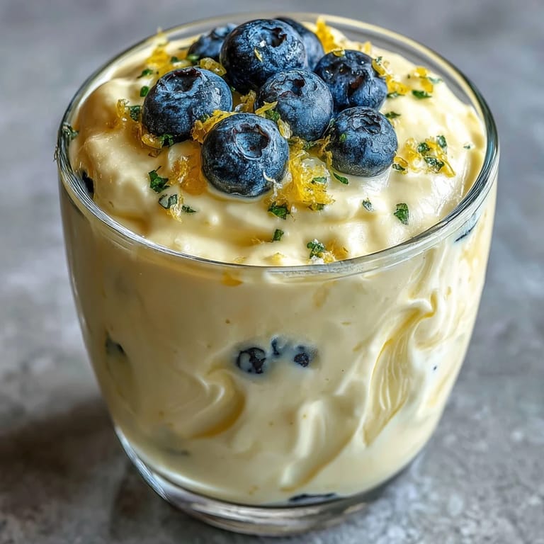 Silky Lemon Fool with a marbled texture and a shortbread biscuit on the side, served in a clear dessert glass.