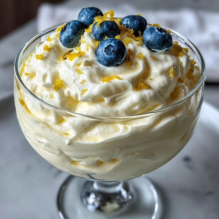 Chilled Lemon Fool in a serving glass garnished with vibrant lemon zest and ripe berries, ideal for easy entertaining.