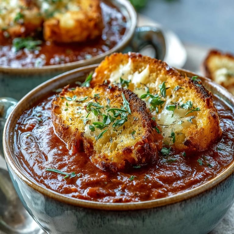 Vibrant roasted red pepper soup topped with crispy croutons, ideal for weeknight dinners.