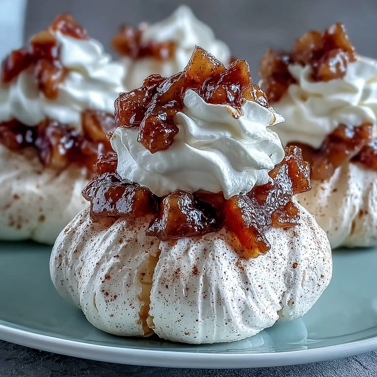 A close-up of Mini Hot Toddy Pavlovas with fluffy cream, spiced pears, and a warm, cozy glow.