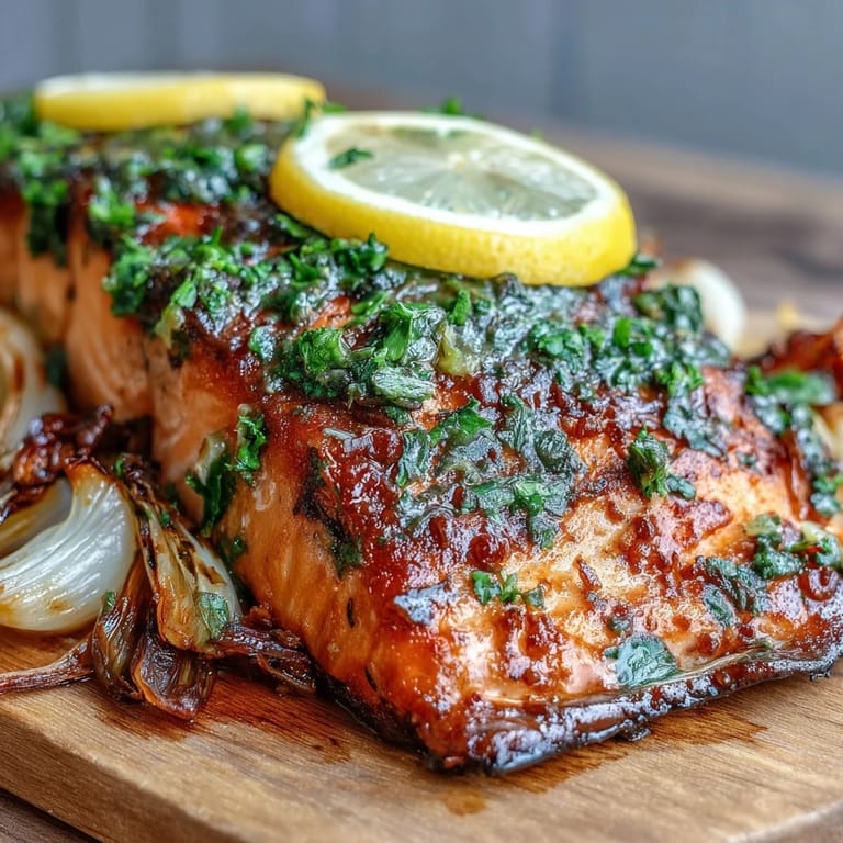 Succulent roasted salmon topped with vibrant green parsley dressing sits beside caramelized leeks and red onions in this easy One-Pan Roast Salmon With Leeks, Onions, and Parsley Dressing.