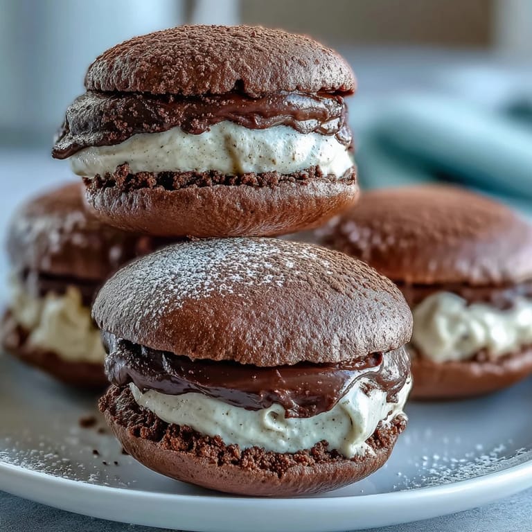 A platter of Tiramisu Whoopie Pies topped with cocoa powder is garnished with coffee beans and a small spoon of mascarpone.