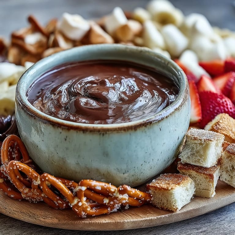 Serving suggestion for Boozy Chocolate Fondue with an apple wedge and strawberries dipped in rich, glossy chocolate.