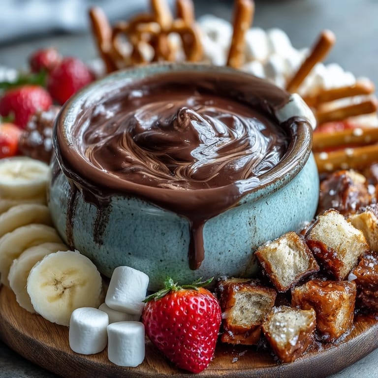A close-up of Boozy Chocolate Fondue being drizzled over pound cake cubes, pretzels, and sliced bananas.