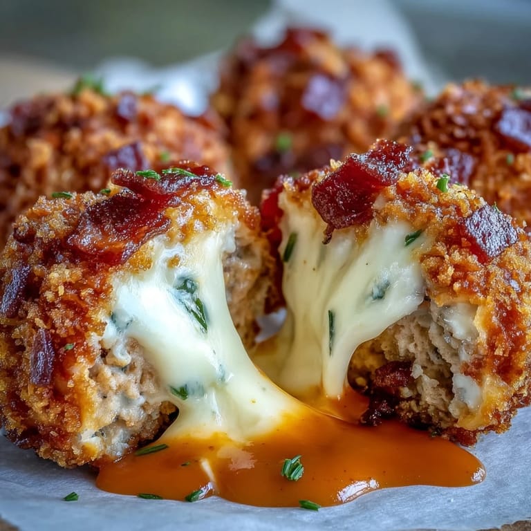 Homemade crunchy panko-coated bombs garnished with green onions, showcasing the gooey cheese pull and smoky bacon filling.