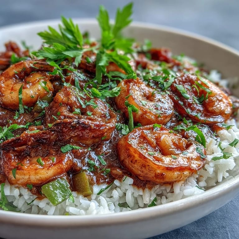 Golden-brown Classic New Orleans Étouffée with tender shrimp, simmered in a savory, spicy sauce, ready to be served.