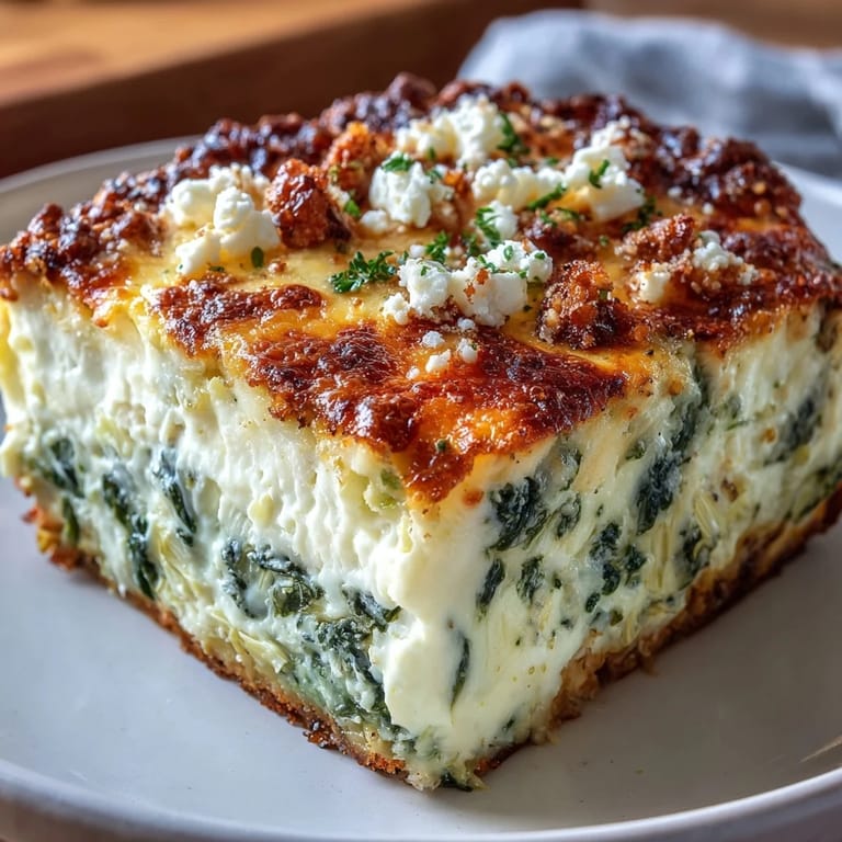 High Protein Spinach Artichoke Bake served in a square portion, garnished with fresh herbs and a side salad for dinner.