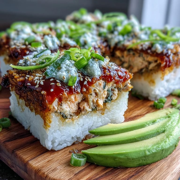 Spicy Salmon Sushi Bake served warm in a casserole dish, garnished with sliced avocado and green onions.
