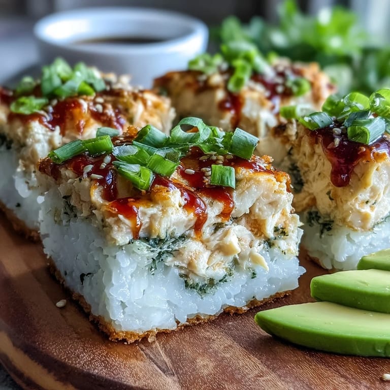 A vibrant serving of Spicy Salmon Sushi Bake scooped onto crispy seaweed snacks with spicy mayo drizzle.