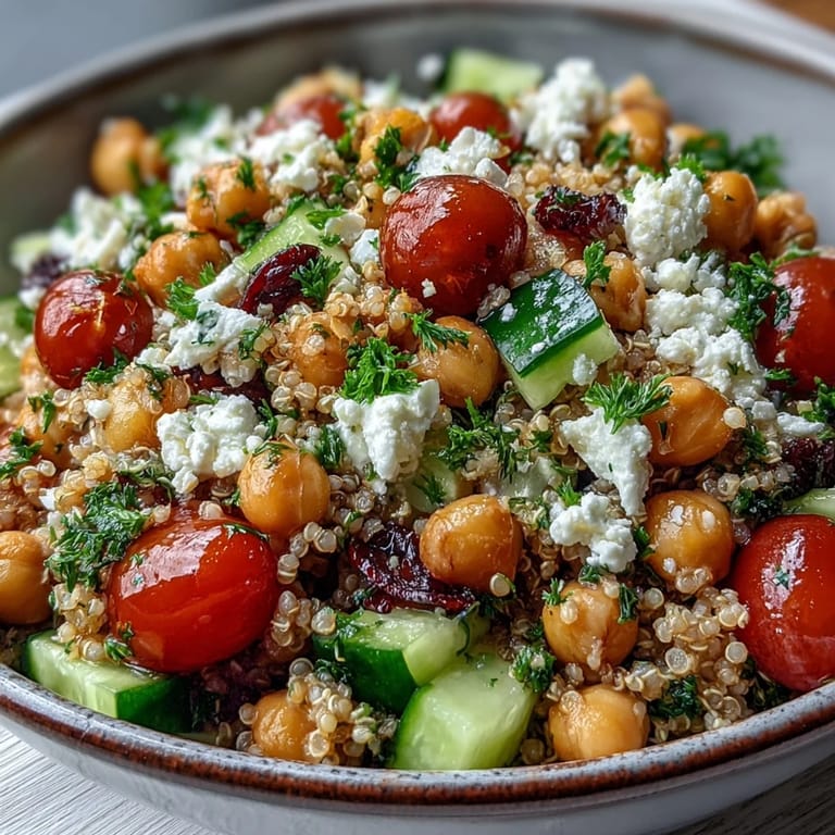 Close up on the vibrant High Protein Quinoa & Chickpea Salad, showing fluffy quinoa and a glistening lemon-olive oil dressing. 