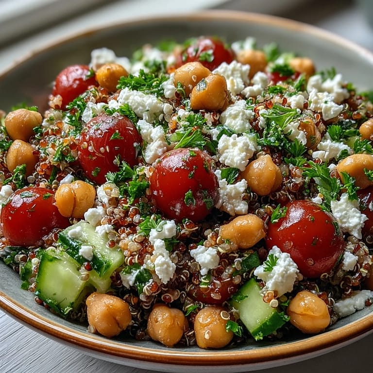 Overhead view of a serving of High Protein Quinoa & Chickpea Salad on a marble counter, garnished with fresh herbs and lemon wedges.