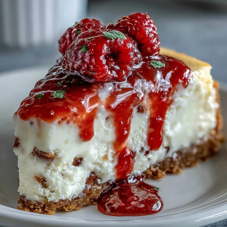 A close-up of White Chocolate Raspberry Cheesecake Bliss highlights the rich white chocolate filling and tangy raspberry sauce over a graham crust.