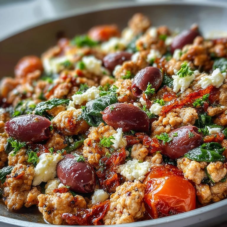 A bubbling Mediterranean Keto Ground Chicken Skillet topped with crumbled feta, parsley, and a lemon wedge for serving.