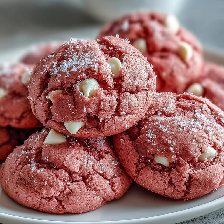 Pink Velvet Cookies stacked high with a glass of milk for dipping.