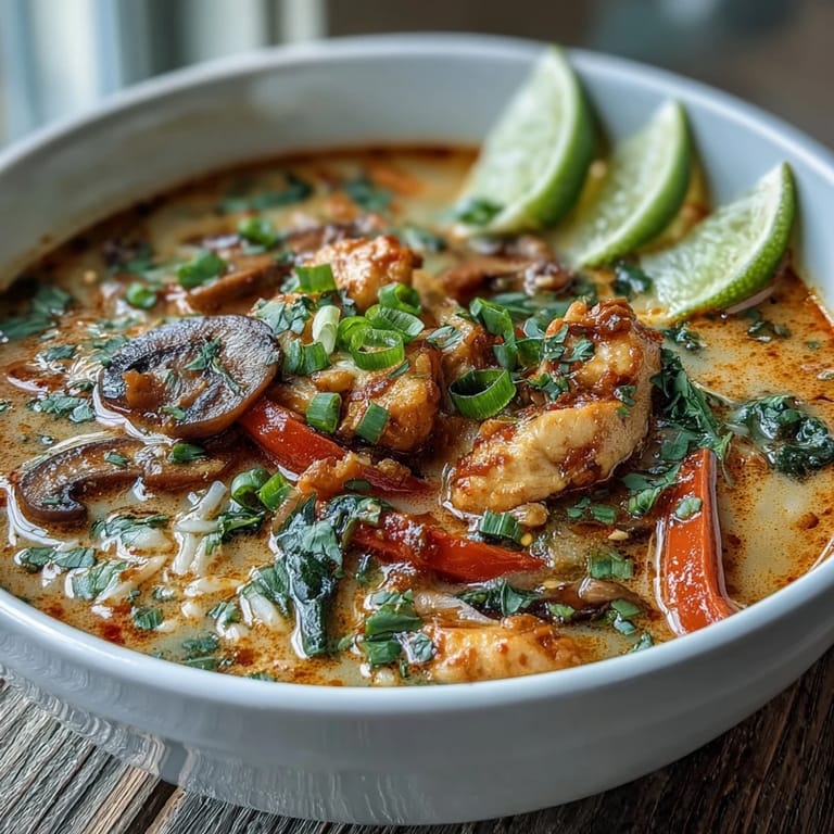 Thai Coconut Curry Soup Bowl garnished with fresh herbs, sliced chili, and spring onions, ready to be enjoyed with rice.