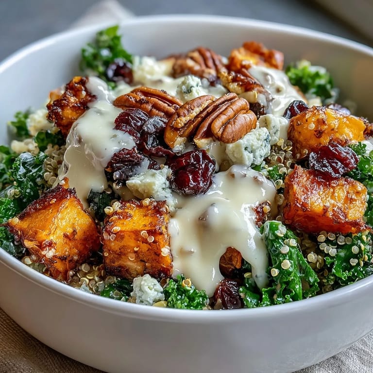 In this Harvest Kale Quinoa Bowl, golden sweet potatoes and crunchy pecans mingle with tangy blue cheese and sweet cranberries.