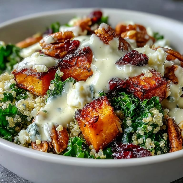 Serve this Harvest Kale Quinoa Bowl topped with fluffier quinoa, vivid kale, and a drizzle of creamy lemon tahini.