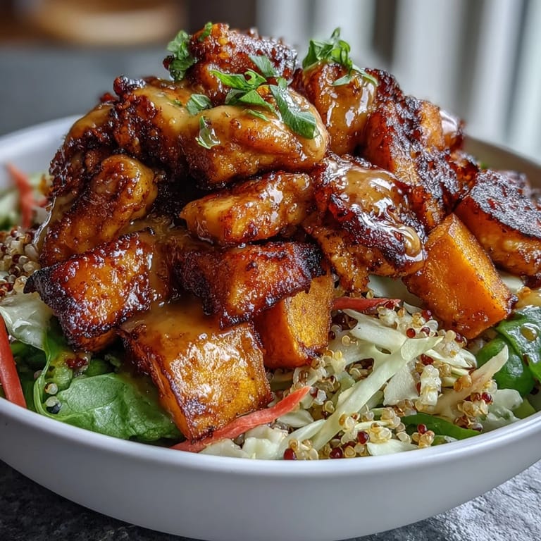 Tangy hot honey mustard dressing drizzled over crunchy red cabbage slaw and golden chicken pieces.