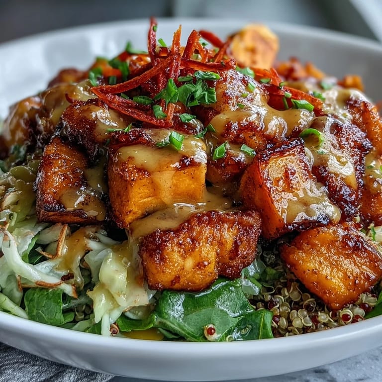 A nourishing Hot Honey Chicken Bowl served warm with quinoa, sweet potatoes, and a spicy-sweet drizzle.