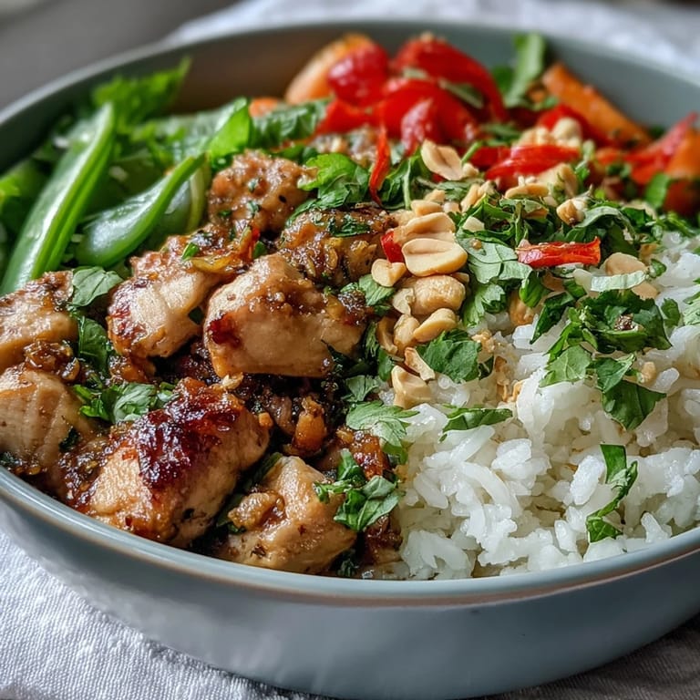 Hot Thai Chicken Coconut Bowl topped with fresh vegetables, green onions, and a lime wedge on fluffy coconut rice.