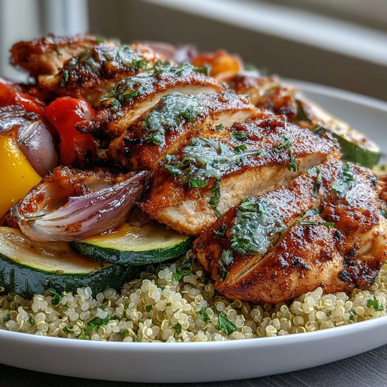 Roasted zucchini, bell peppers, and red onion pair with paprika herb chicken and a dollop of Greek yogurt.