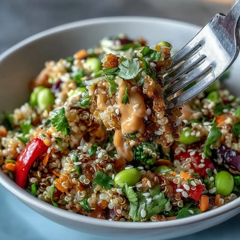 Creamy coconut-infused quinoa topped with colorful vegetables, edamame, and a tangy peanut sauce in a healthy bowl.