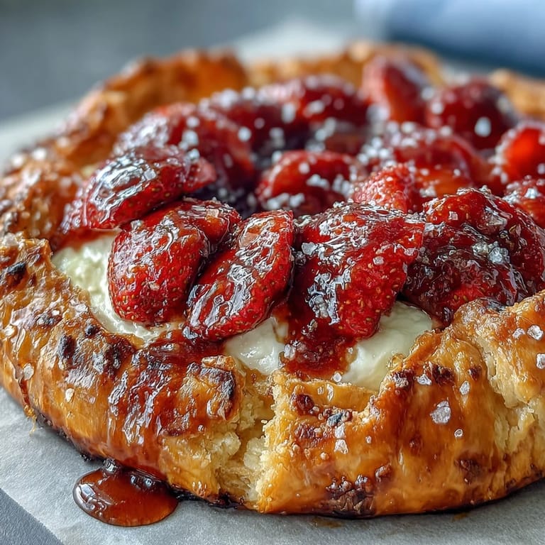 Easy strawberry frangipane galette, featuring ripe berries atop creamy almond filling in golden free-form crust.