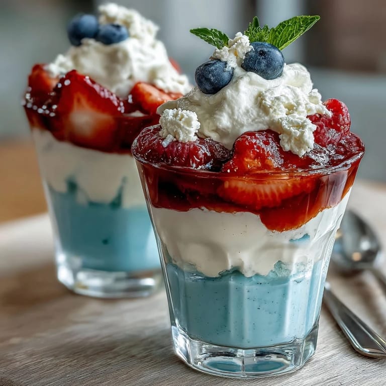 Patriotic Jello cups with red, white, and blue gelatin stripes, topped with whipped cream and fresh berries for a festive treat.