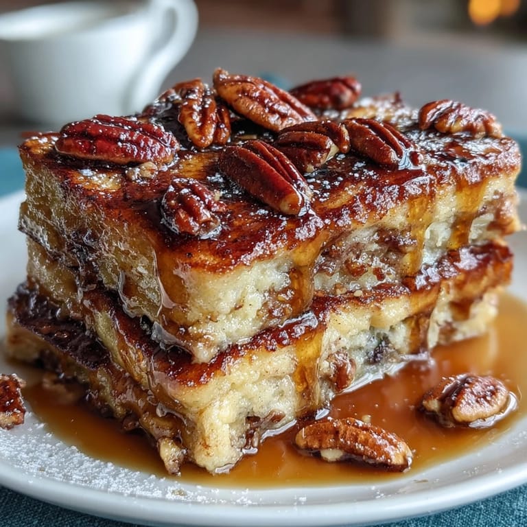 Golden pancake casserole baked to perfection, drizzled with maple syrup and served warm for a comforting morning treat.