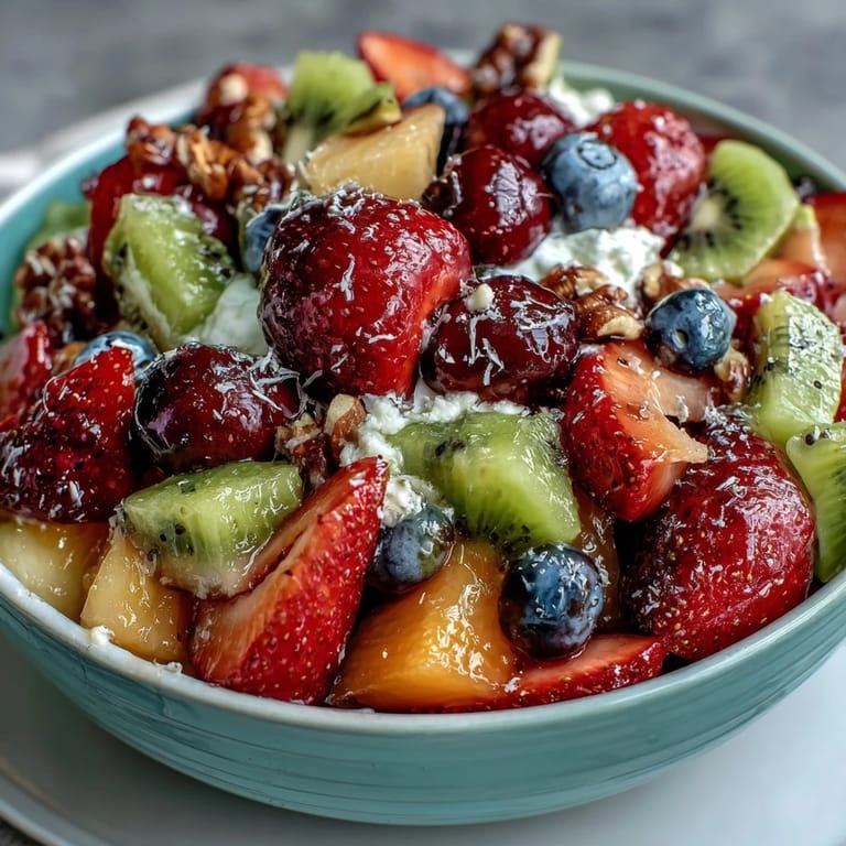 Colorful assortment of seasonal fruits arranged artfully with a bowl of tangy yogurt-honey dip, perfect for brunch or picnics.