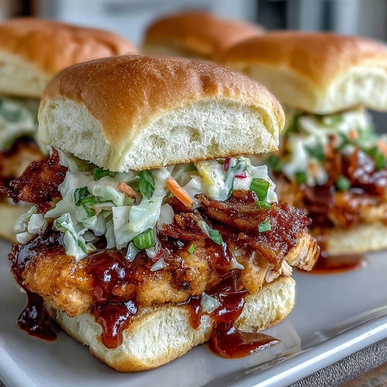 Flavorful BBQ chicken sliders topped with crunchy coleslaw, a crowd-pleasing main for festive American BBQs.