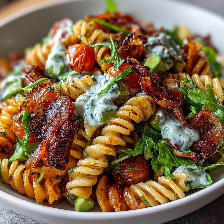 Creamy BLT pasta salad featuring al dente pasta, smoky bacon, and diced avocado, garnished with green onions.  
