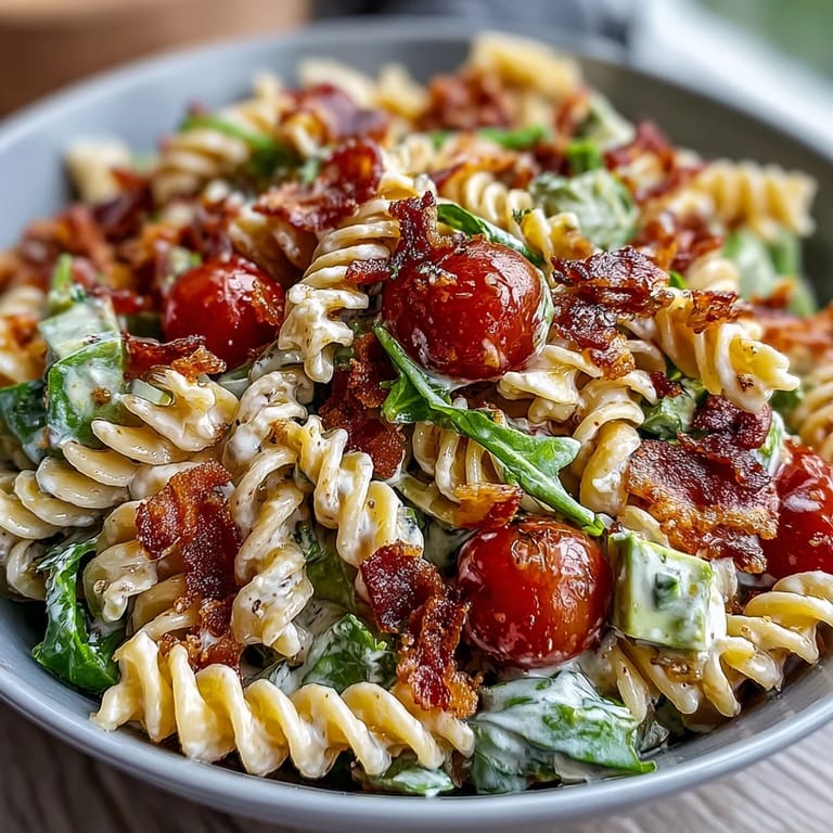 Hearty BLT pasta salad with chopped romaine, bacon bits, and avocado, tossed in tangy lemon-Dijon dressing.