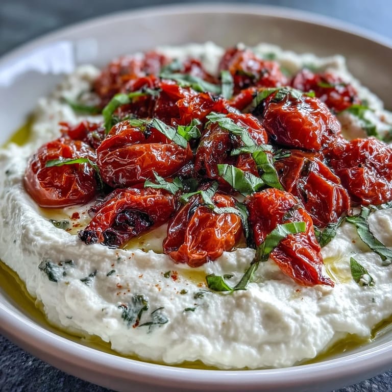 Tangy feta blended with cream cheese and yogurt, crowned with blistered cherry tomatoes for a vibrant Mediterranean appetizer.
