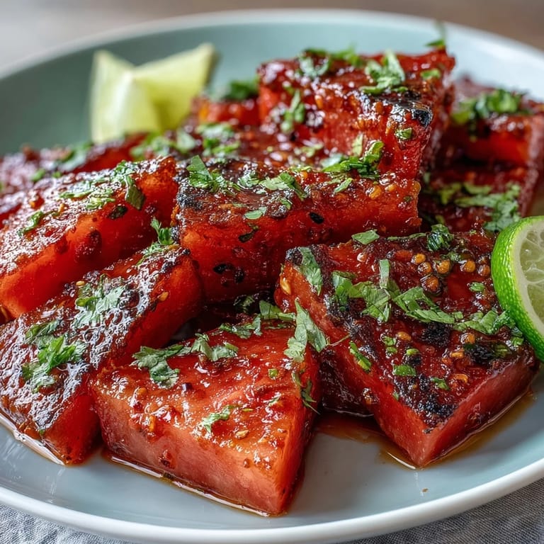 Zesty Tajin-seasoned watermelon wedges with a splash of lime, offering a sweet and spicy flavor combination.  