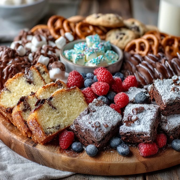 Eye-catching dessert board with cake slices, cookies, and brownie bites garnished with berries and sprinkles for a celebratory touch.