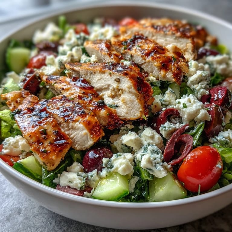 Colorful Greek salad bowl with juicy grilled chicken, crisp cucumbers, ripe tomatoes, and Kalamata olives for a healthy meal.  