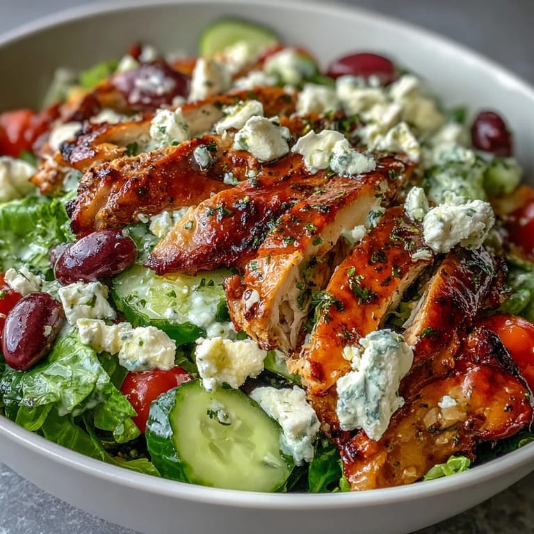 Fresh Greek salad bowl featuring succulent grilled chicken, crunchy Romaine lettuce, and tangy feta, drizzled with zesty homemade dressing.
