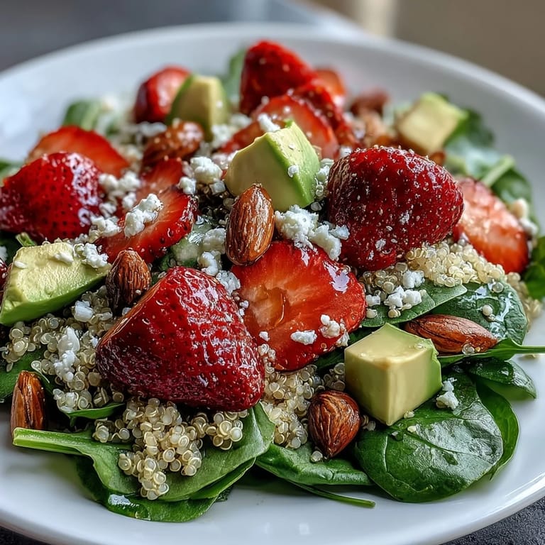 Colorful Strawberry Avocado Quinoa Salad with baby spinach, toasted almonds, and feta, offering a refreshing and nutrient-packed vegetarian dish.