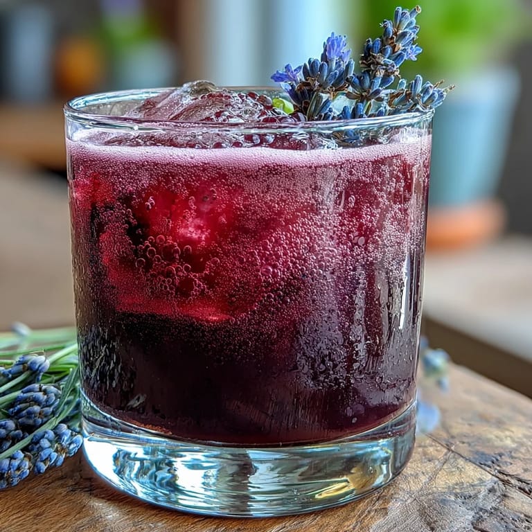 Sparkling blackberry lavender lemonade in a tall glass, garnished with lavender sprigs and ice.  