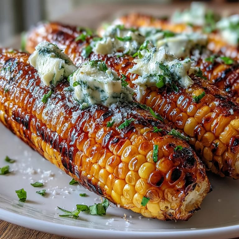 Colorful platter of grilled corn on the cob with four herbed butter variations, including parsley-chive, basil-lemon, cilantro-lime, and Parmesan-paprika spreads.  
