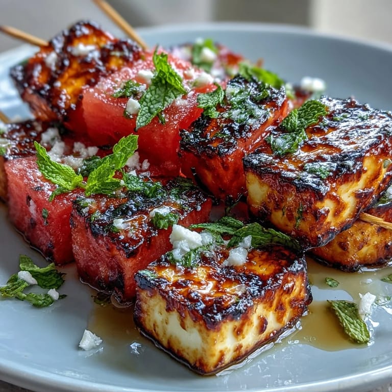 Juicy watermelon and golden grilled halloumi skewers, perfect summer appetizer.