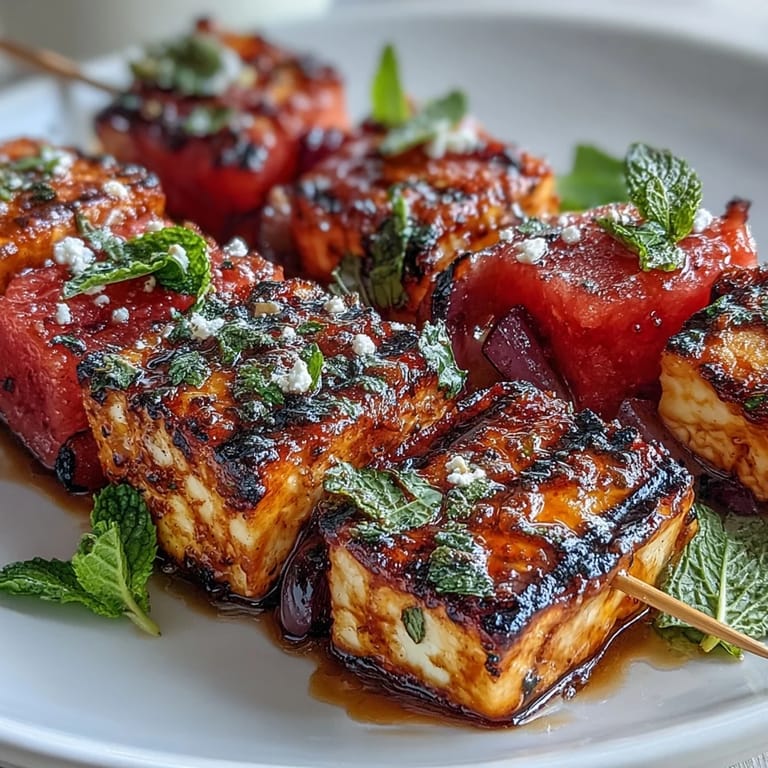Savory halloumi, sweet watermelon, and mint skewers hot off the grill.