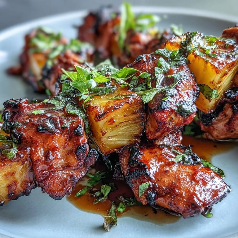 Smoky al pastor chicken skewers showcasing grilled pineapple chunks and cilantro.