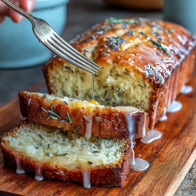 A beautifully glazed lemon lavender loaf cake, with a glossy honey drizzle and vibrant lemon zest garnish, ideal for elegant brunches or special occasions.
