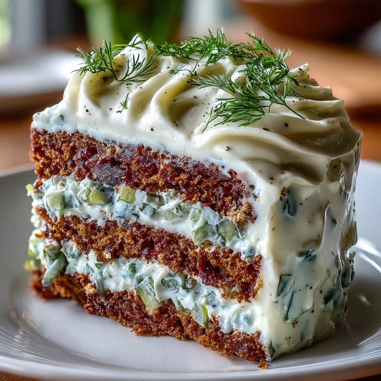 Moist pickle cake layered generously with creamy dill frosting, a savory delight.