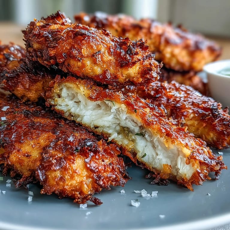 Juicy pickle brine chicken tenders coated in a crunchy, savory breading.